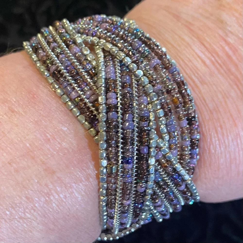 Beaded cuff bracelet lilac/bronze/pewter glass seed beads, 1 1/2”wide,2” across - Picture 1 of 5